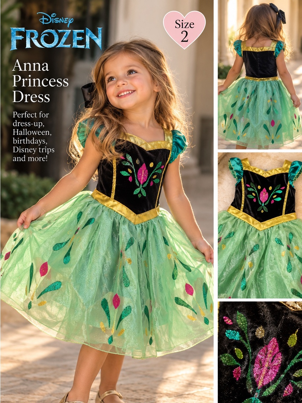 Disney Anna Sparkle Green and Black Princess Costume